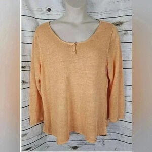 Eileen Fisher Orange Sherbet Sweater Top 100% Linen Beachy Henley Long Sleeves